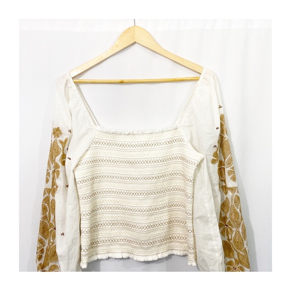 Anthropologie Neutral Smocked Embroidered Ballon Sleeve Blouse Top - Picture 4 of 12